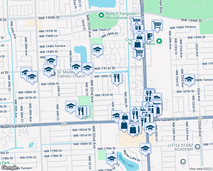 map of restaurants, bars, coffee shops, grocery stores, and more near 18810 Northwest 29th Place in Miami Gardens