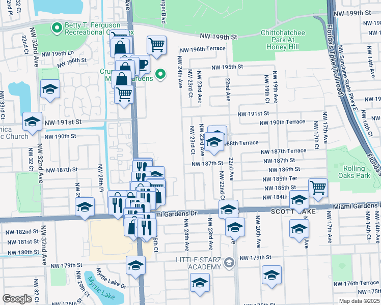 map of restaurants, bars, coffee shops, grocery stores, and more near 18732 Northwest 23rd Court in Miami Gardens