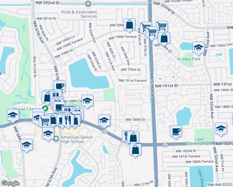 map of restaurants, bars, coffee shops, grocery stores, and more near 18995 Northwest 62nd Avenue in Hialeah