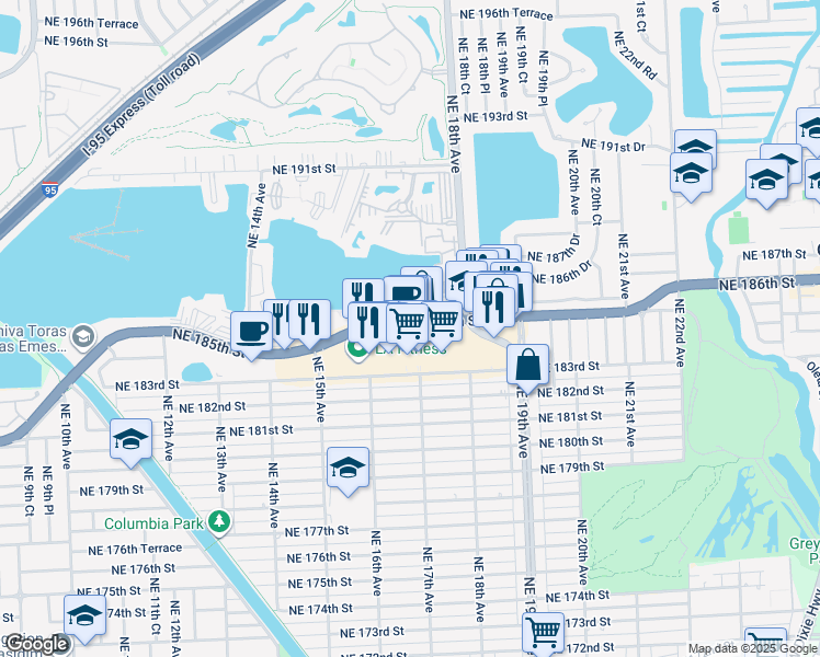 map of restaurants, bars, coffee shops, grocery stores, and more near 1690 Northeast Miami Gardens Drive in Miami