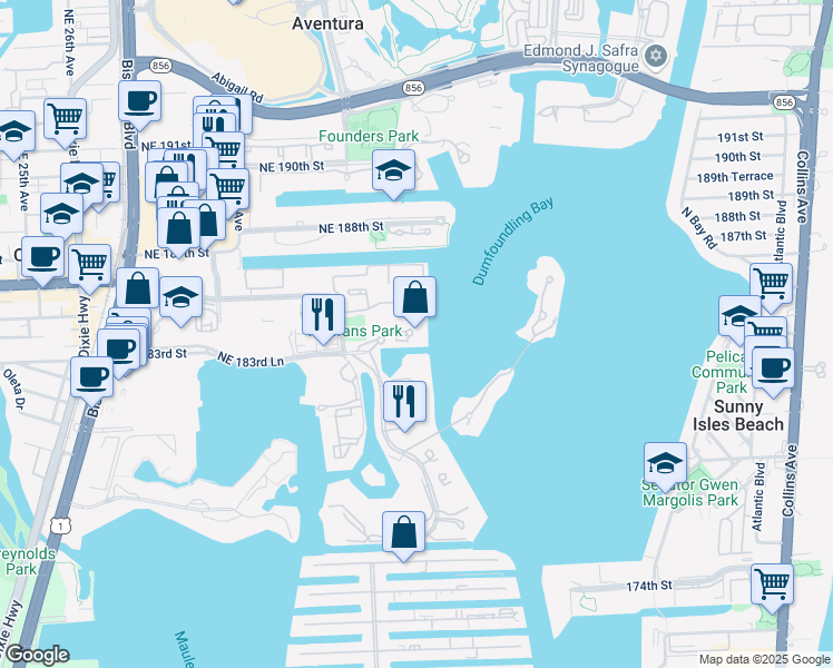 map of restaurants, bars, coffee shops, grocery stores, and more near 3201 Northeast 183rd Street in Aventura