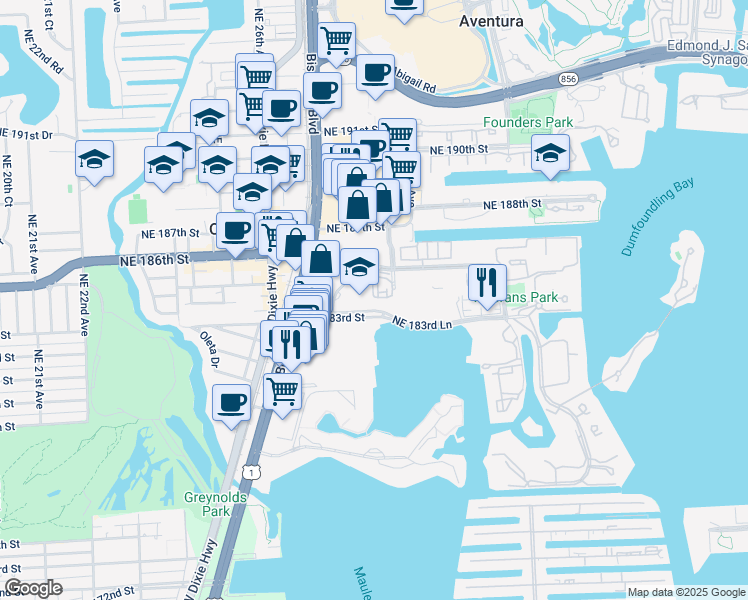 map of restaurants, bars, coffee shops, grocery stores, and more near 2804 Northeast 184th Terrace in Aventura