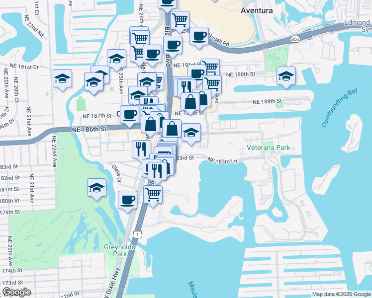 map of restaurants, bars, coffee shops, grocery stores, and more near 2751 Northeast 183rd Street in Aventura