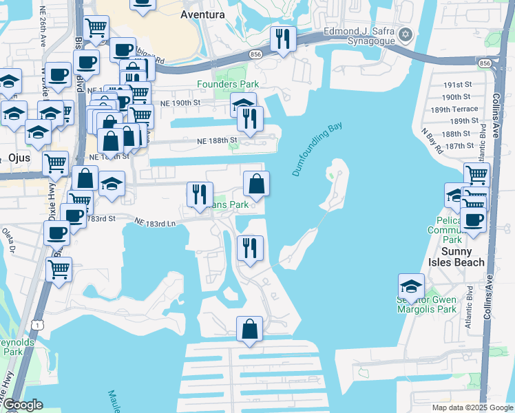 map of restaurants, bars, coffee shops, grocery stores, and more near 3201 Northeast 183rd Street in Aventura