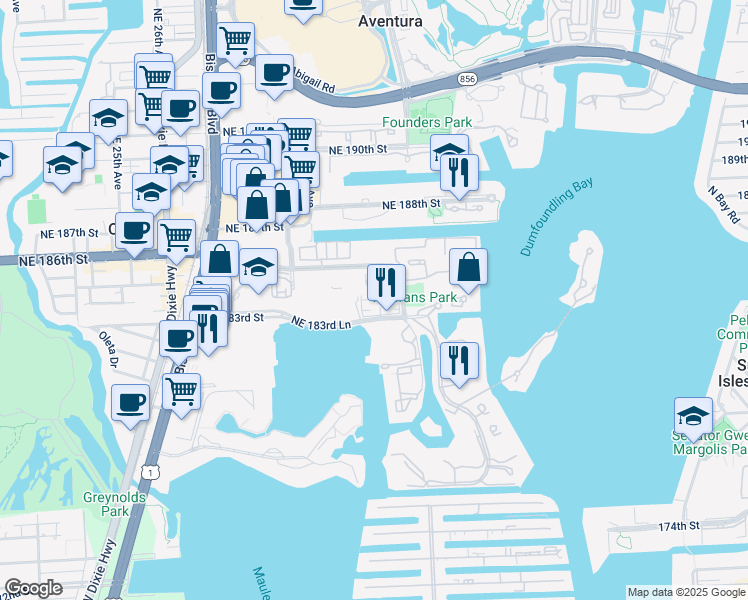 map of restaurants, bars, coffee shops, grocery stores, and more near 3023 Northeast 183rd Lane in Aventura