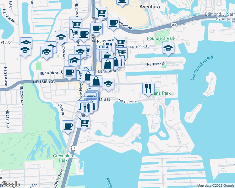map of restaurants, bars, coffee shops, grocery stores, and more near 2804 Northeast 184th Terrace in Aventura