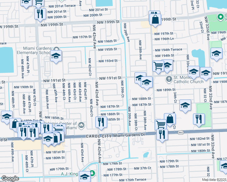 map of restaurants, bars, coffee shops, grocery stores, and more near 4010 Northwest 189th Terrace in Miami Gardens