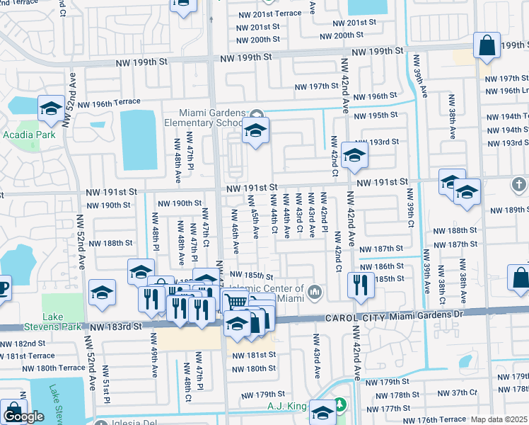 map of restaurants, bars, coffee shops, grocery stores, and more near 18925 Northwest 46th Avenue in Miami Gardens