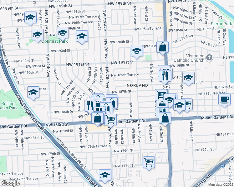 map of restaurants, bars, coffee shops, grocery stores, and more near 630 Northwest 187th Street in Miami