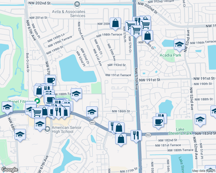 map of restaurants, bars, coffee shops, grocery stores, and more near 18936 Northwest 57th Avenue in Hialeah