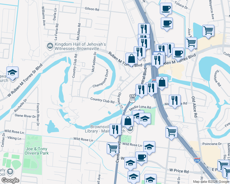 map of restaurants, bars, coffee shops, grocery stores, and more near 808-2 Corto Street in Brownsville