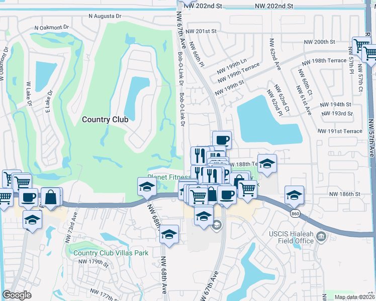 map of restaurants, bars, coffee shops, grocery stores, and more near 18940 Northwest 67th Place in Hialeah