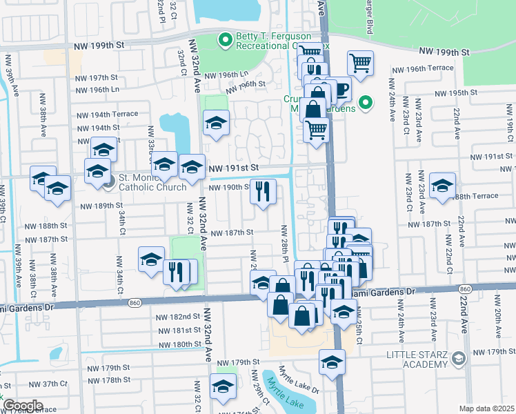 map of restaurants, bars, coffee shops, grocery stores, and more near 18801 Northwest 29th Court in Miami Gardens