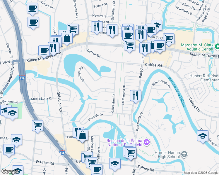 map of restaurants, bars, coffee shops, grocery stores, and more near 1735 Old Creek Court in Brownsville