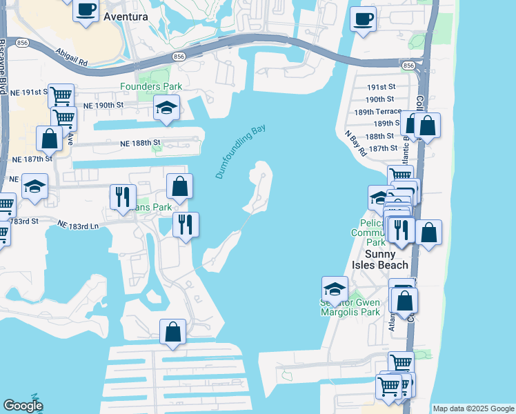 map of restaurants, bars, coffee shops, grocery stores, and more near 5500 Island Estates Drive in Aventura
