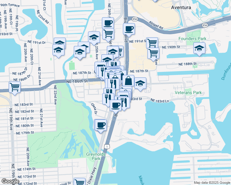 map of restaurants, bars, coffee shops, grocery stores, and more near in Aventura