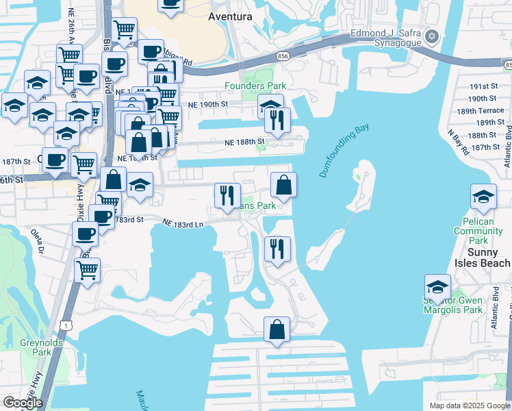 map of restaurants, bars, coffee shops, grocery stores, and more near 7900 Island Boulevard in Aventura