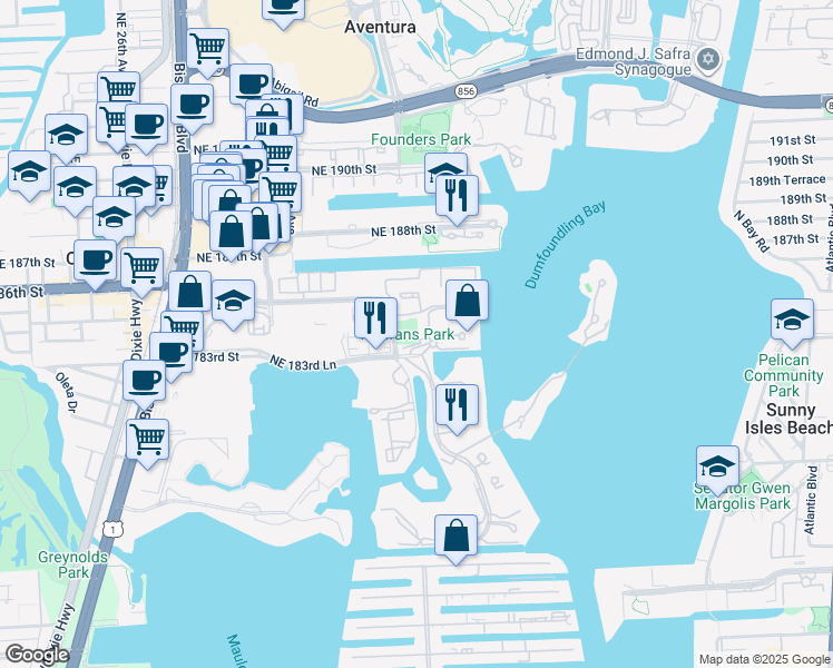 map of restaurants, bars, coffee shops, grocery stores, and more near 7900 Island Boulevard in Aventura