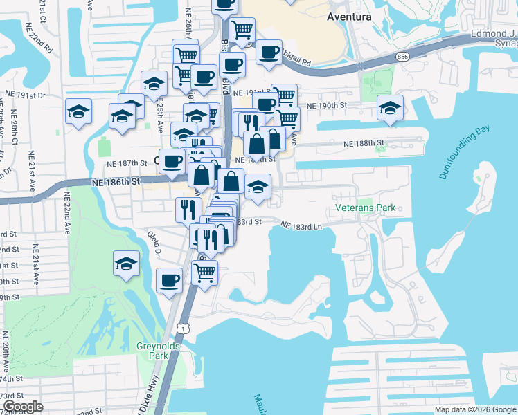 map of restaurants, bars, coffee shops, grocery stores, and more near 2785 Northeast 183rd Street in Aventura