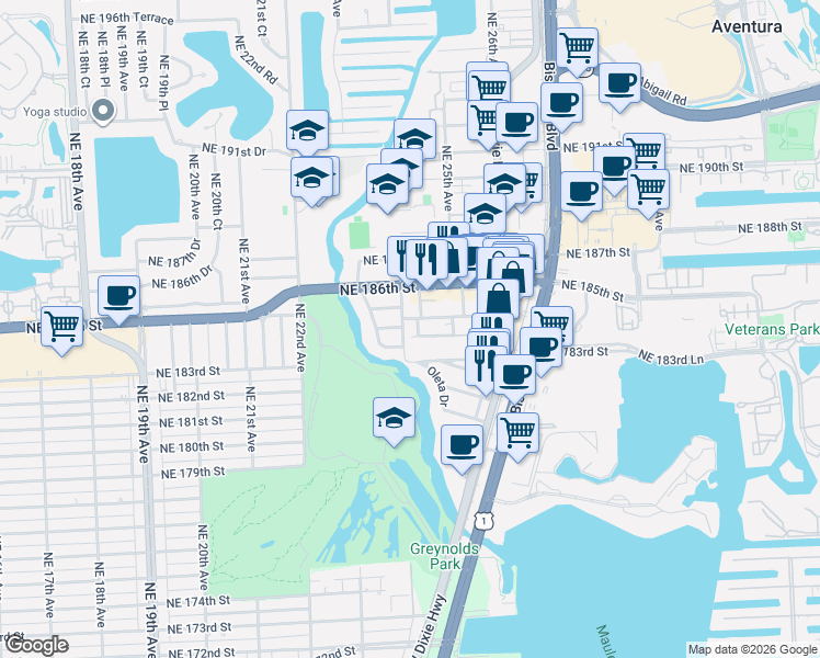 map of restaurants, bars, coffee shops, grocery stores, and more near 2400 Northeast 184th Street in Miami
