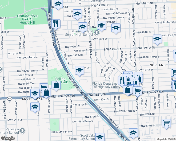 map of restaurants, bars, coffee shops, grocery stores, and more near 1200 Northwest 187th Street in Miami
