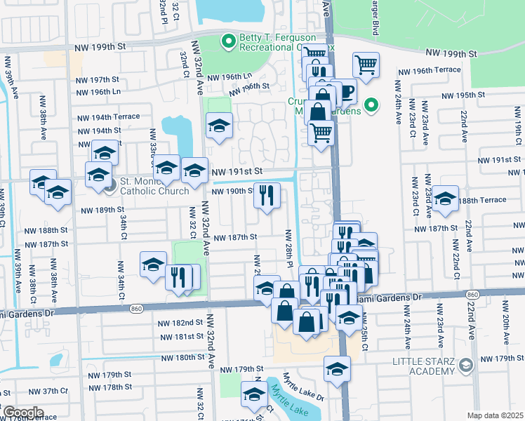 map of restaurants, bars, coffee shops, grocery stores, and more near 18801 Northwest 29th Court in Miami Gardens