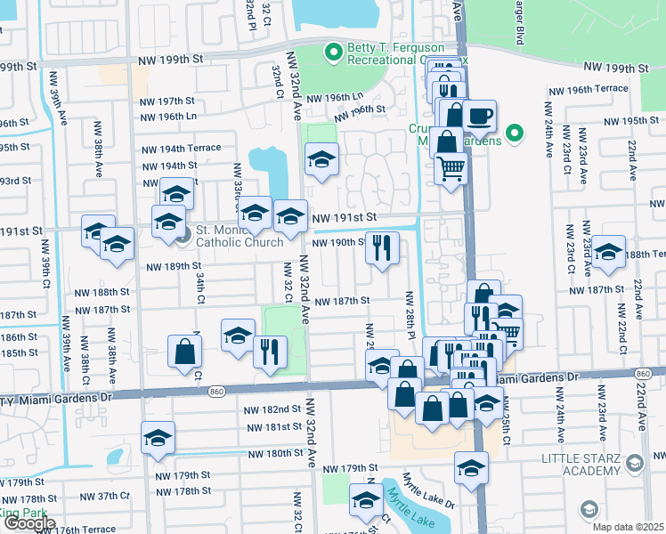 map of restaurants, bars, coffee shops, grocery stores, and more near 18810 Northwest 29th Place in Miami Gardens