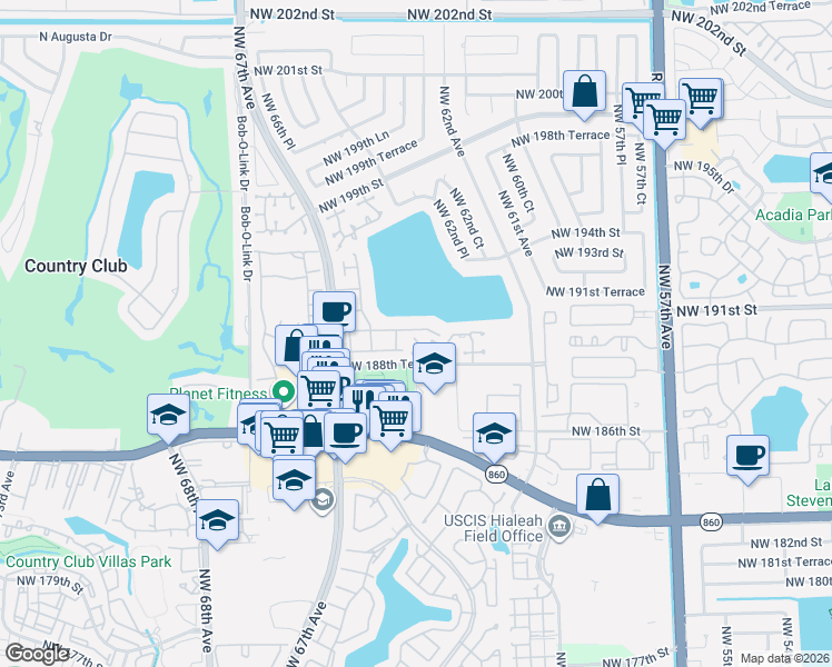 map of restaurants, bars, coffee shops, grocery stores, and more near 18985 Northwest 63rd Court Circle in Miami Gardens