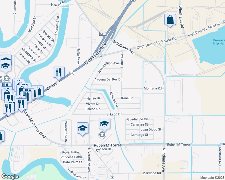 map of restaurants, bars, coffee shops, grocery stores, and more near 7001-7099 Cablas Circle in Brownsville
