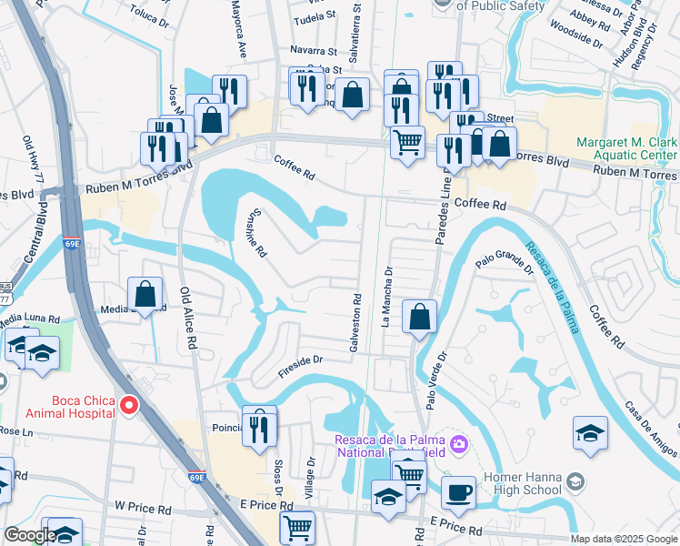 map of restaurants, bars, coffee shops, grocery stores, and more near 1735 Old Creek Court in Brownsville