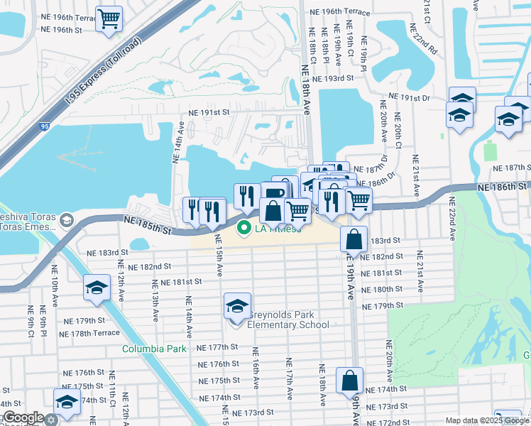 map of restaurants, bars, coffee shops, grocery stores, and more near 1696 Miami Gardens Drive in Miami