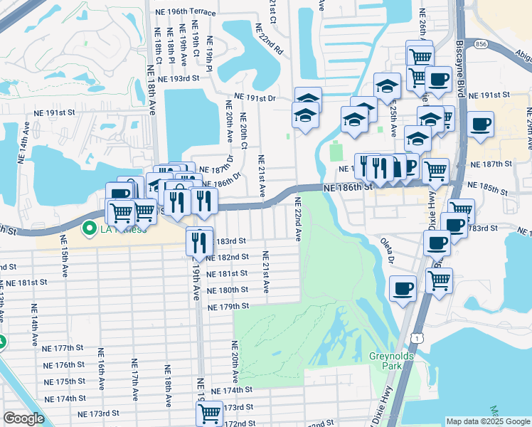 map of restaurants, bars, coffee shops, grocery stores, and more near 18461 Northeast 21st Avenue in North Miami Beach