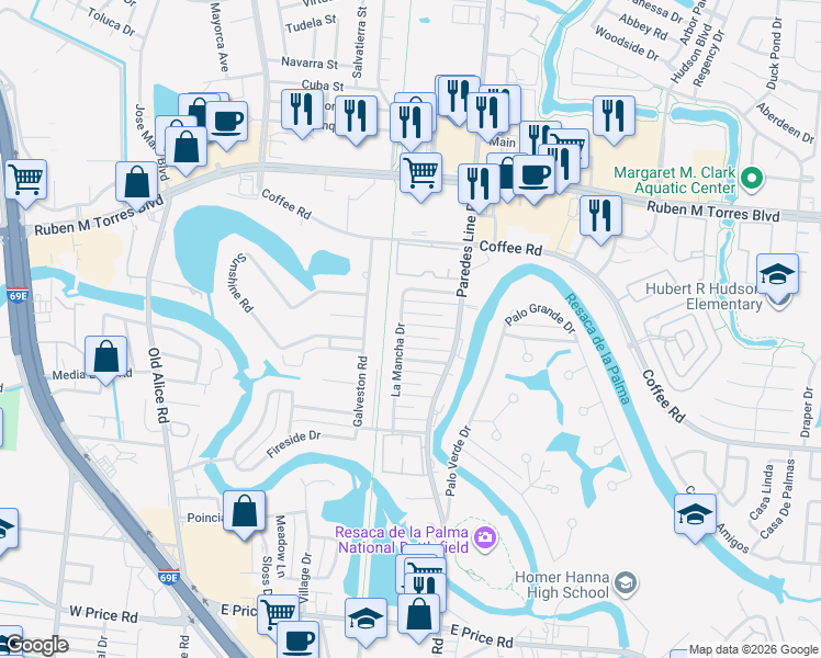 map of restaurants, bars, coffee shops, grocery stores, and more near 1814 Sancho Panza Circle in Brownsville