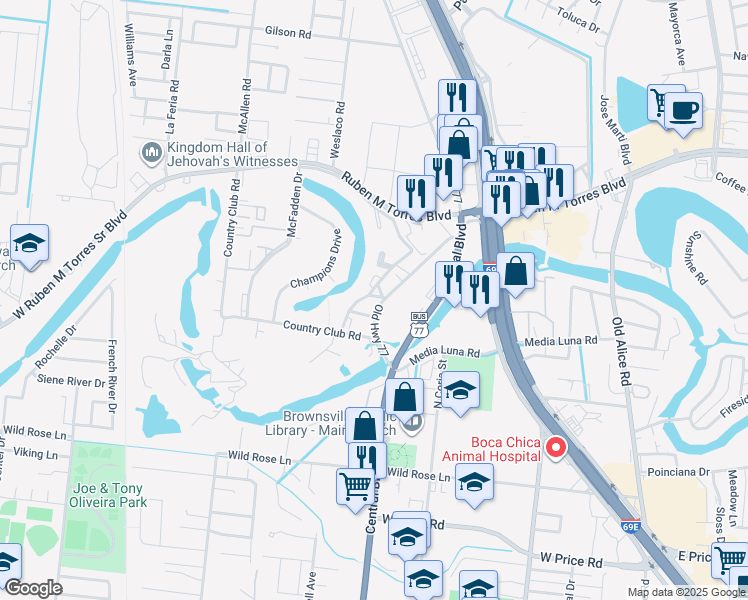 map of restaurants, bars, coffee shops, grocery stores, and more near 808-2 Corto Street in Brownsville