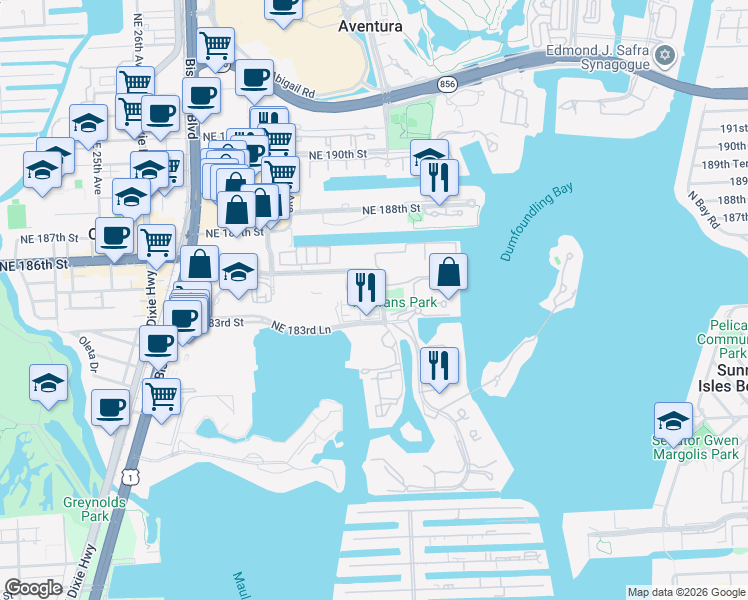 map of restaurants, bars, coffee shops, grocery stores, and more near 3073 Northeast 183rd Lane in Aventura