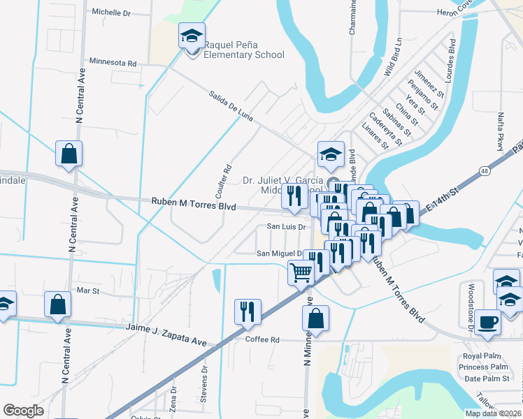 map of restaurants, bars, coffee shops, grocery stores, and more near 5421 East Ruben M Torres Boulevard in Brownsville