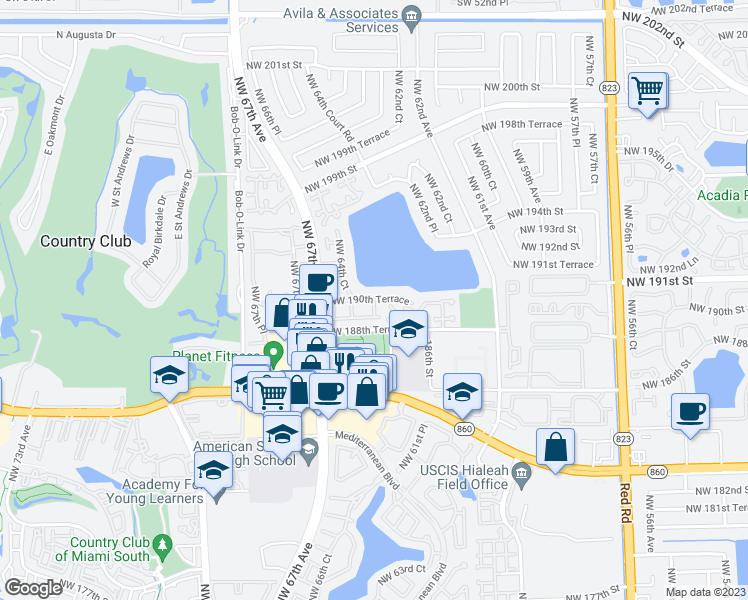 map of restaurants, bars, coffee shops, grocery stores, and more near 18866 Northwest 63rd Court in Hialeah