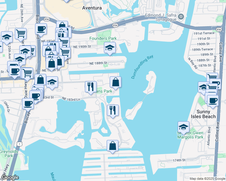 map of restaurants, bars, coffee shops, grocery stores, and more near 3201 Northeast 183rd Street in Aventura