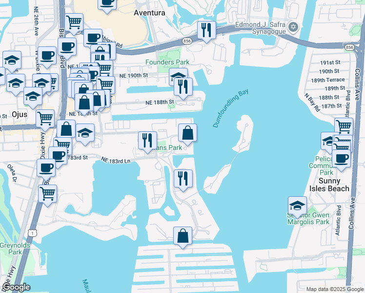 map of restaurants, bars, coffee shops, grocery stores, and more near 3201 Northeast 183rd Street in Aventura