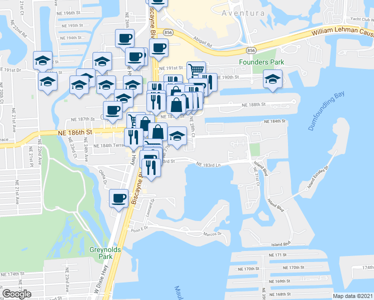 map of restaurants, bars, coffee shops, grocery stores, and more near 2804 Northeast 184th Terrace in Aventura