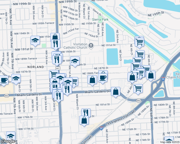 map of restaurants, bars, coffee shops, grocery stores, and more near 100 Northeast 186th Terrace in North Miami Beach