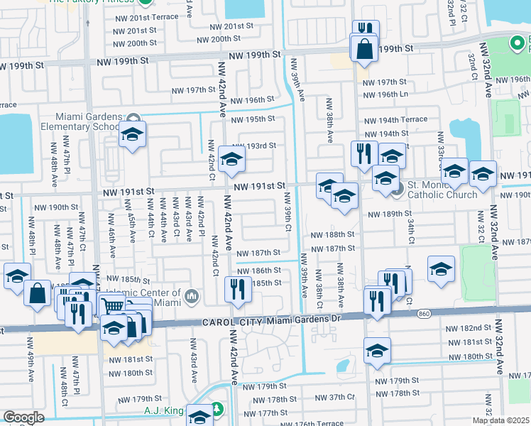 map of restaurants, bars, coffee shops, grocery stores, and more near 4010 Northwest 189th Terrace in Miami Gardens