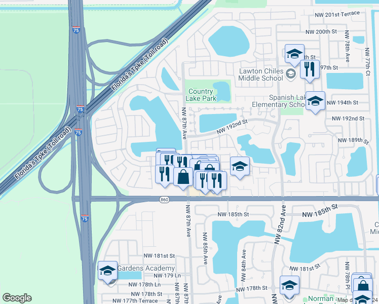 map of restaurants, bars, coffee shops, grocery stores, and more near 3606 Northwest 86th Avenue in Hialeah