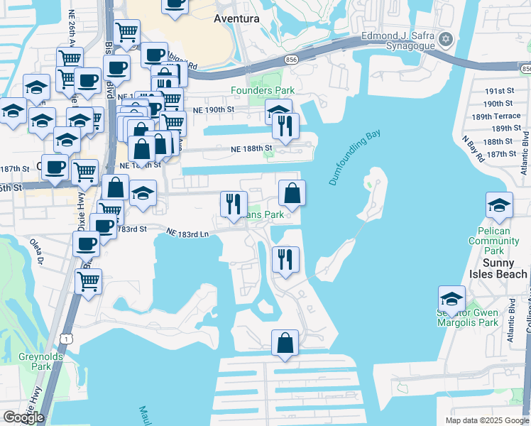 map of restaurants, bars, coffee shops, grocery stores, and more near 7900 Island Boulevard in Aventura