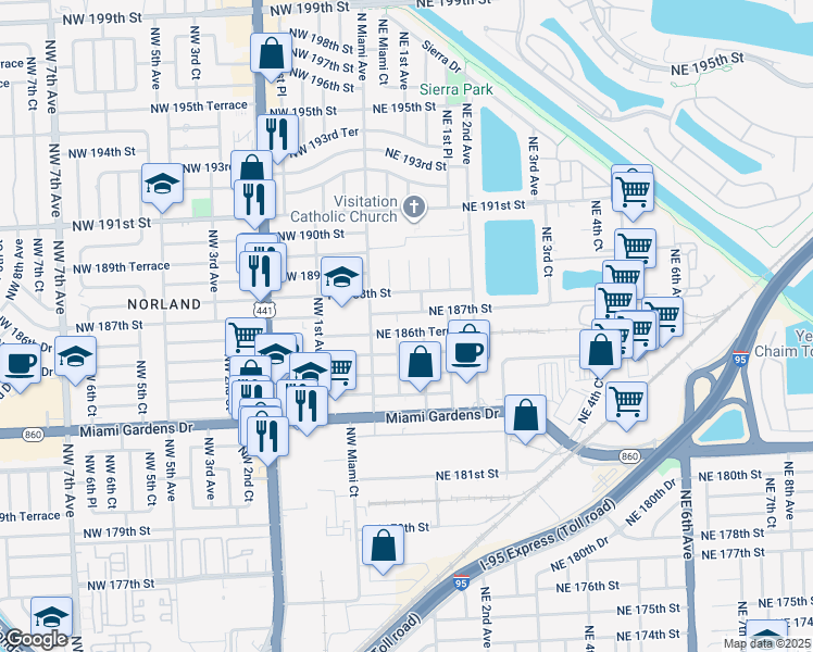 map of restaurants, bars, coffee shops, grocery stores, and more near 40 Northeast 186th Terrace in Miami