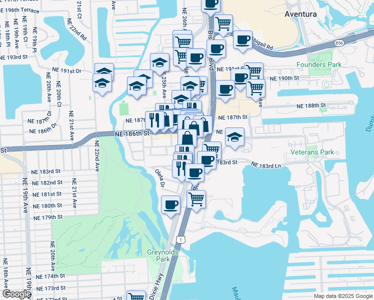 map of restaurants, bars, coffee shops, grocery stores, and more near 2555 Northeast 183rd Terrace in North Miami Beach