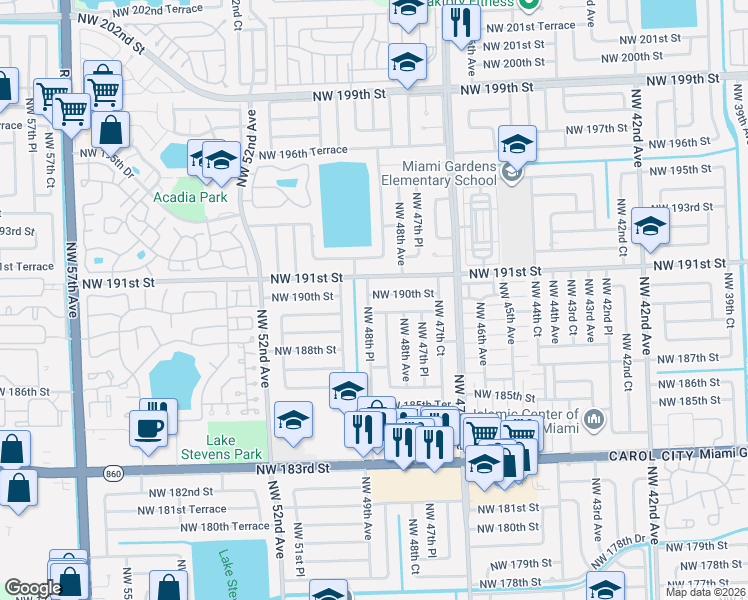 map of restaurants, bars, coffee shops, grocery stores, and more near 4865 Northwest 189th Terrace in Miami Gardens