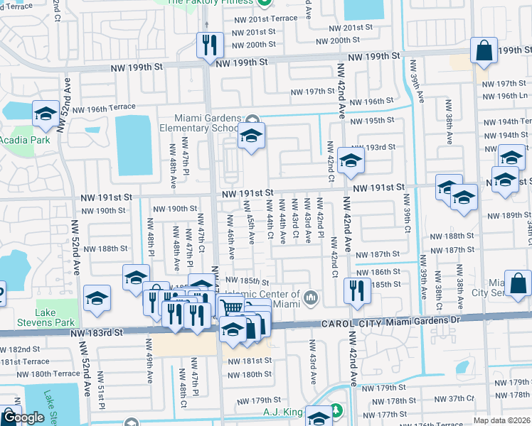 map of restaurants, bars, coffee shops, grocery stores, and more near 18905 Northwest 44th Court in Miami Gardens