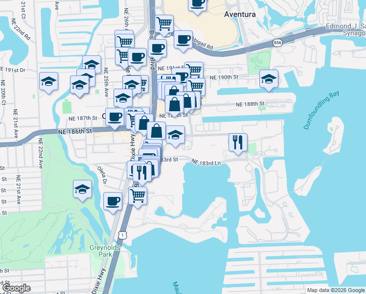 map of restaurants, bars, coffee shops, grocery stores, and more near 2804 Northeast 184th Terrace in Aventura