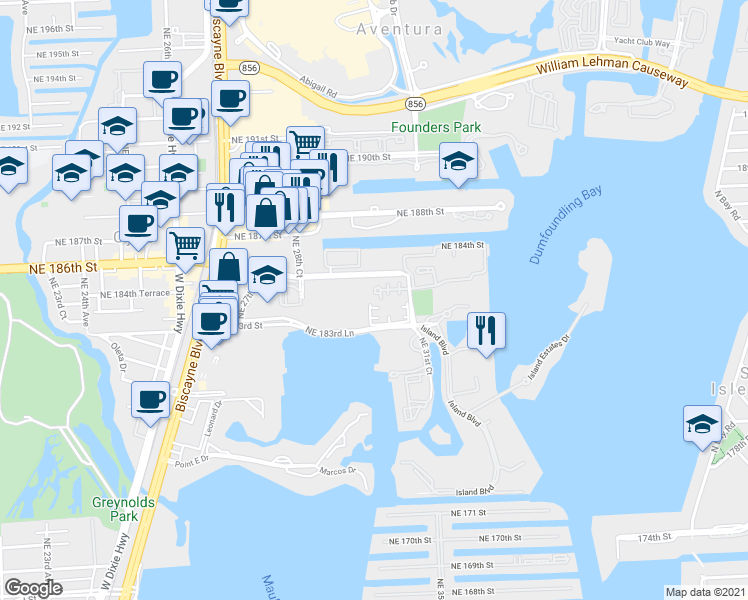 map of restaurants, bars, coffee shops, grocery stores, and more near 3023 Northeast 183rd Lane in Aventura